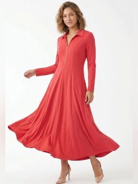 Soft Surroundings Coral Red Zip-Front Maxi Dress - Long Sleeve, Pockets - Size L